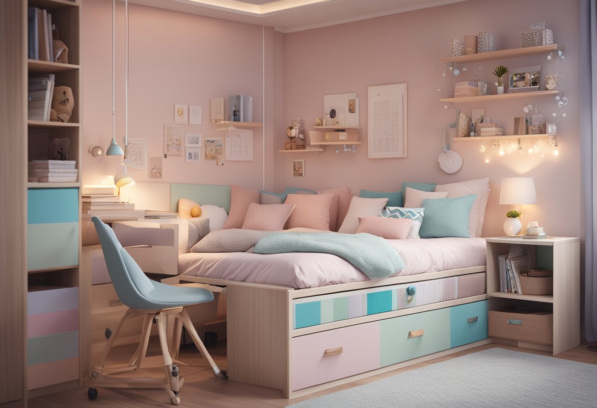 A cozy, organized bedroom with pastel colors, a comfortable bed, a study area, and plenty of storage for a young girl