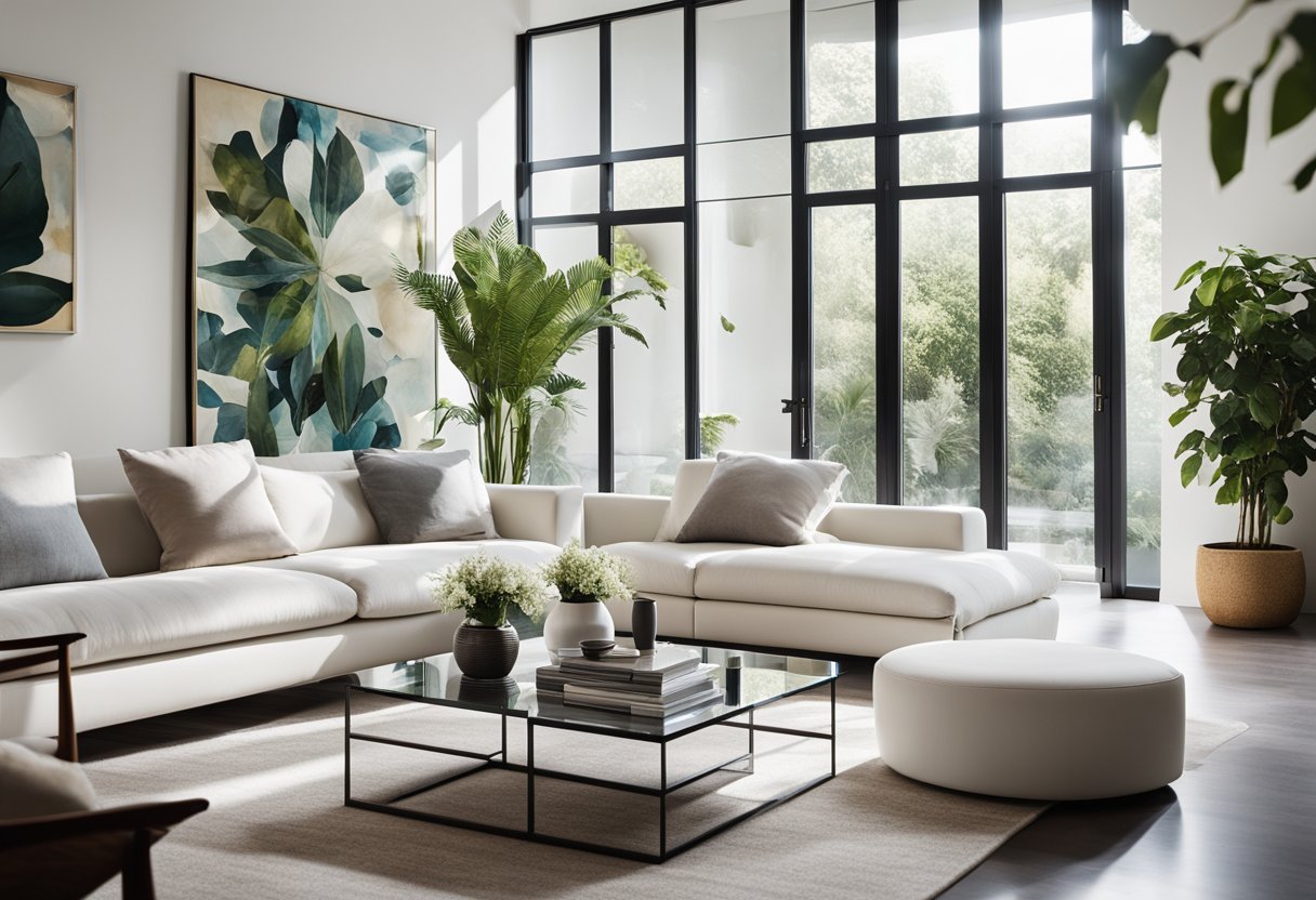A modern living room with a sleek white sofa, a glass coffee table, and a large abstract art piece on the wall. The room is filled with natural light from floor-to-ceiling windows, and there are potted plants scattered throughout the space