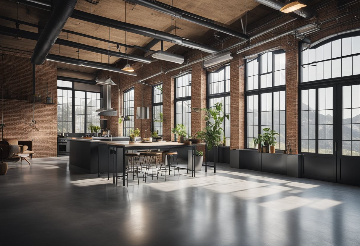 A spacious, modern industrial home interior with exposed brick walls, concrete floors, metal fixtures, and large windows letting in natural light