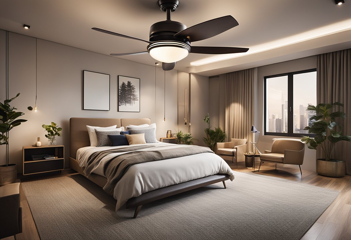 A bedroom with a ceiling fan spinning above a cozy bed, with soft lighting and a modern, minimalist design