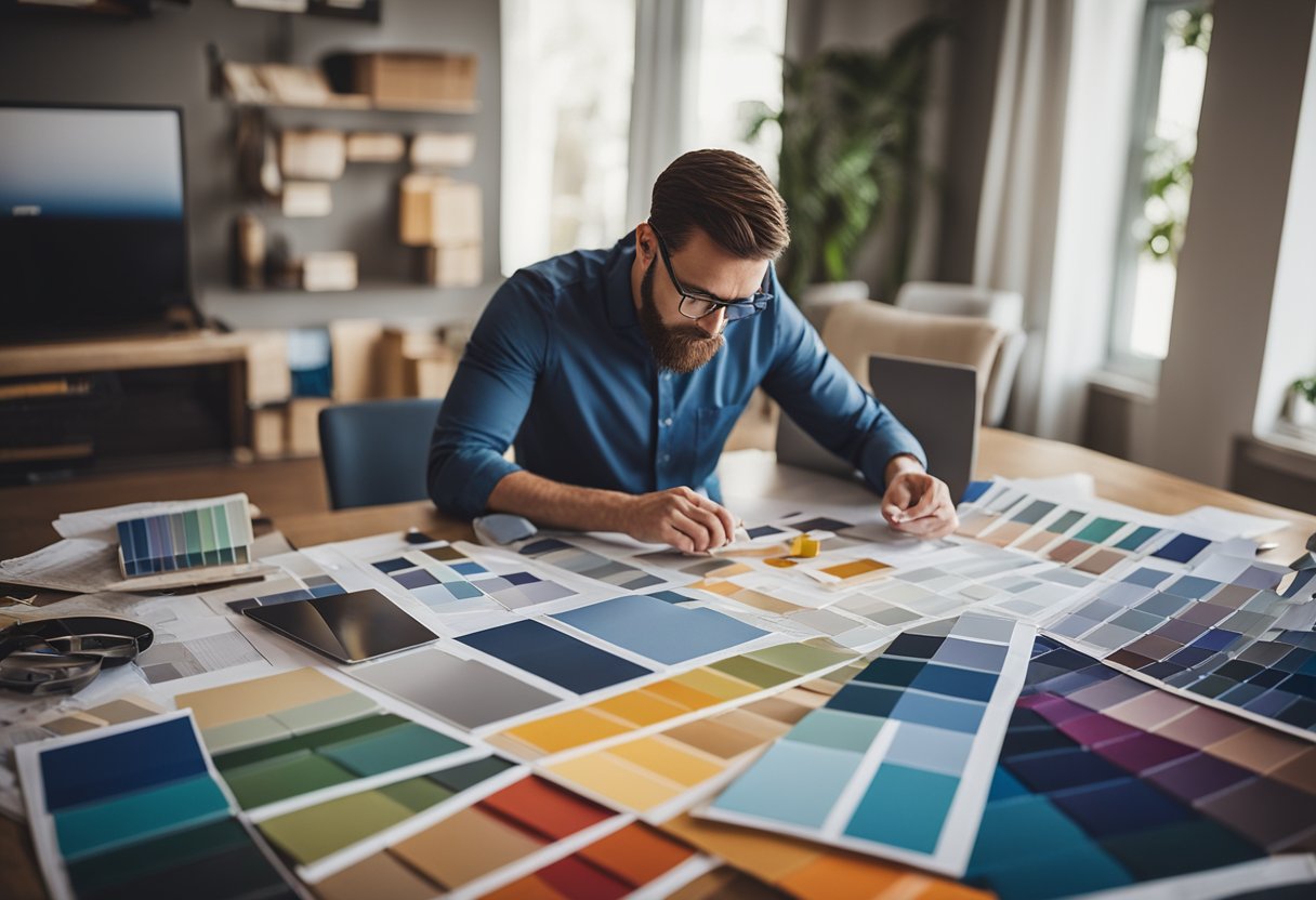 An interior designer at work, surrounded by color swatches, fabric samples, and floor plans, with a look of concentration and creativity on their face