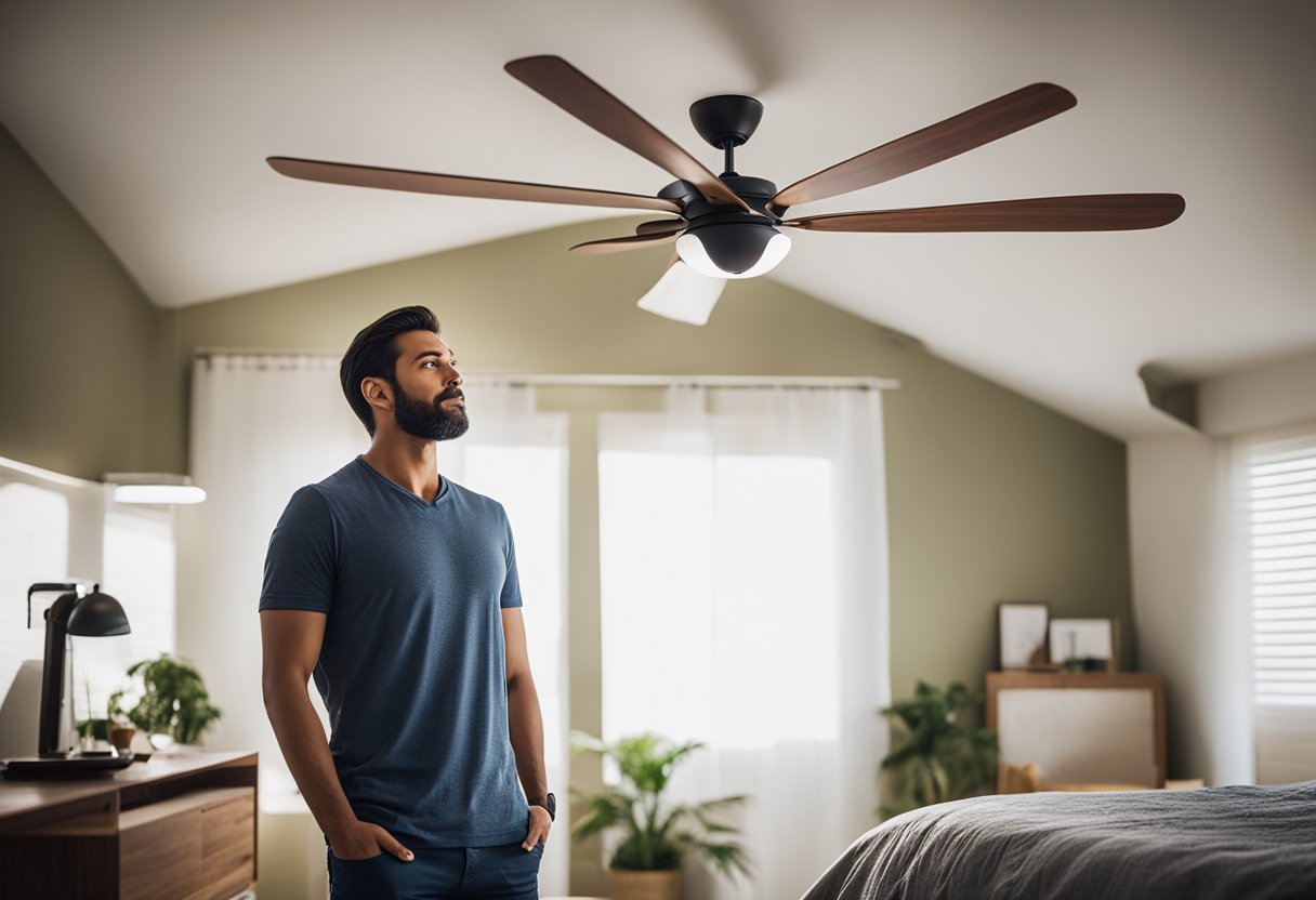A person stands in a bedroom, contemplating different ceiling fan designs. The room is well-lit, with a cozy and inviting atmosphere. The fan options are displayed on a table or shelf, with various styles and sizes to choose from