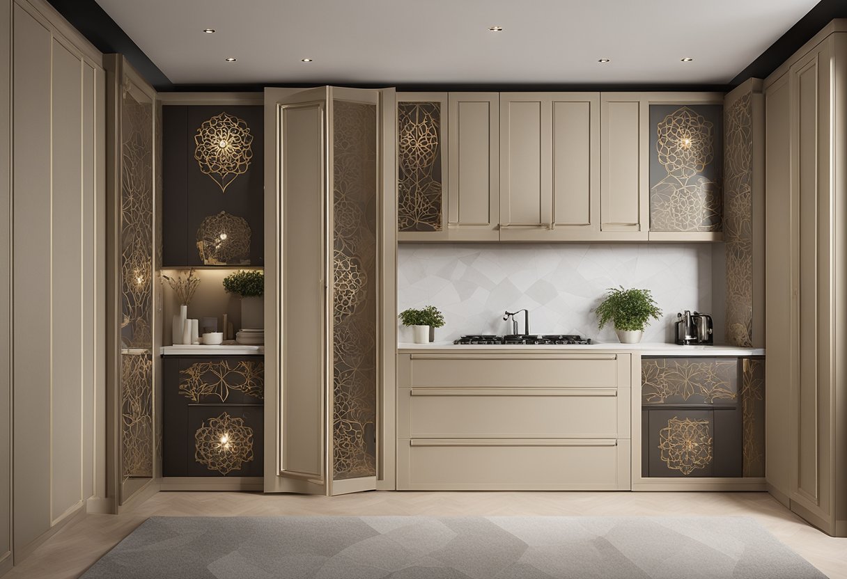 The bedroom cupboard doors feature various designs, including geometric patterns, floral motifs, and sleek, minimalist styles. The doors are adorned with elegant handles and are set against a neutral-colored backdrop