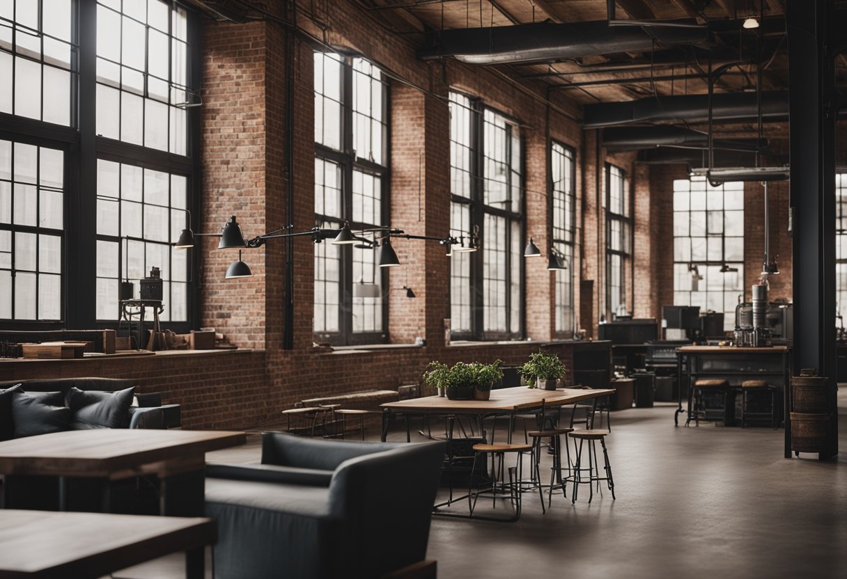 An industrial home interior with exposed brick walls, metal piping, and large factory-style windows. Vintage furniture and rustic decor complete the look