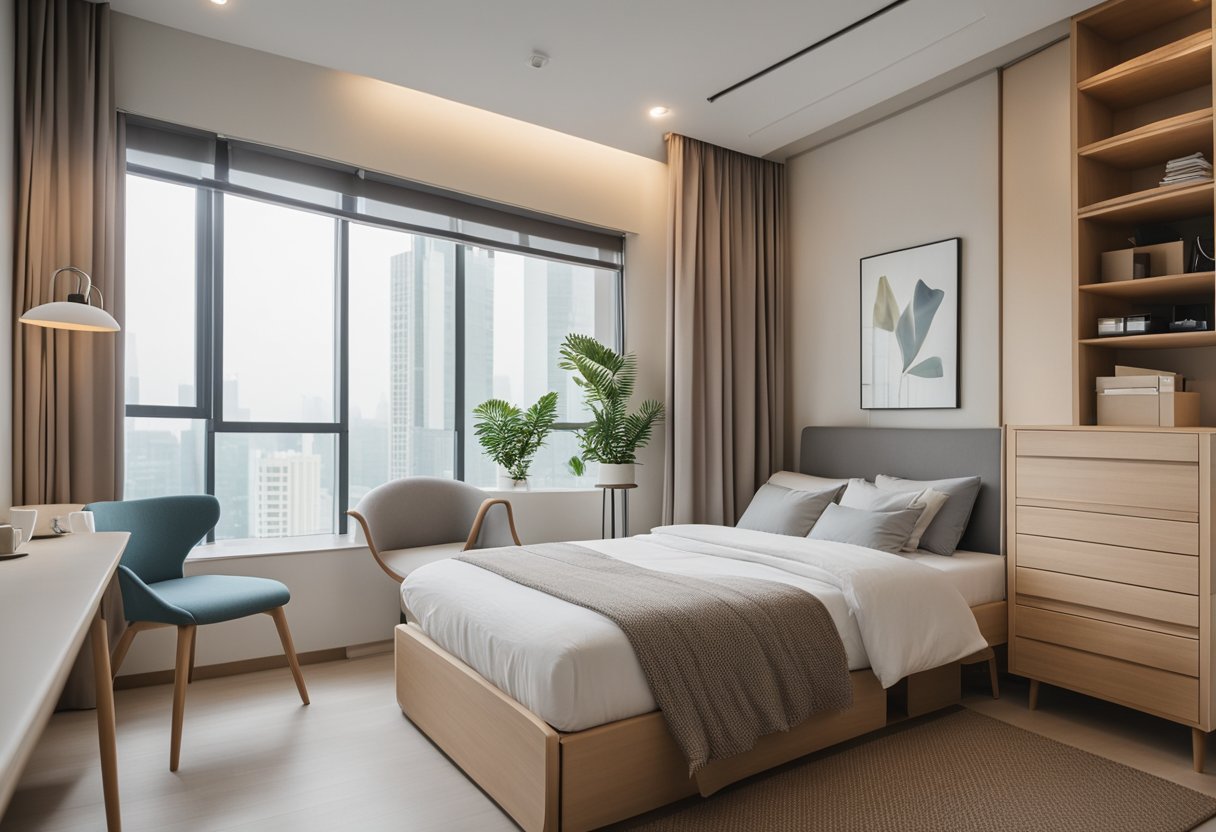 A small bedroom in Singapore with space-saving furniture, soft color palette, and natural lighting. Functional storage solutions and minimalist decor create a cozy and stylish atmosphere
