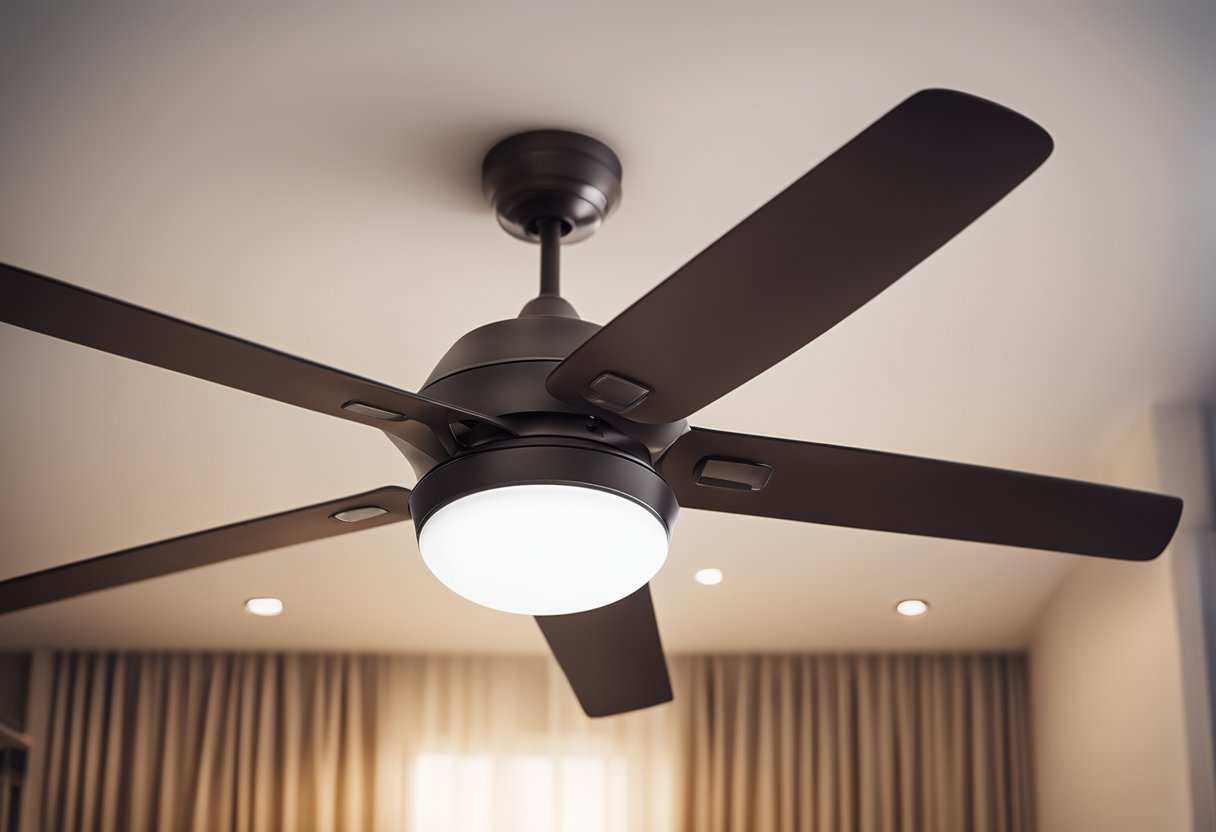 A ceiling fan spins above a cozy bedroom with soft lighting and stylish decor, creating a tranquil and comfortable ambiance