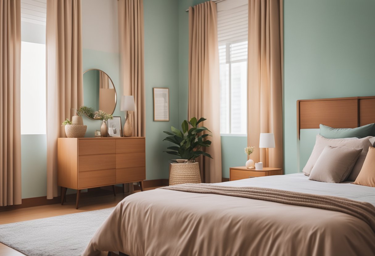 A cozy HDB master bedroom with a queen-sized bed, a sleek wooden dresser, and soft pastel-colored walls