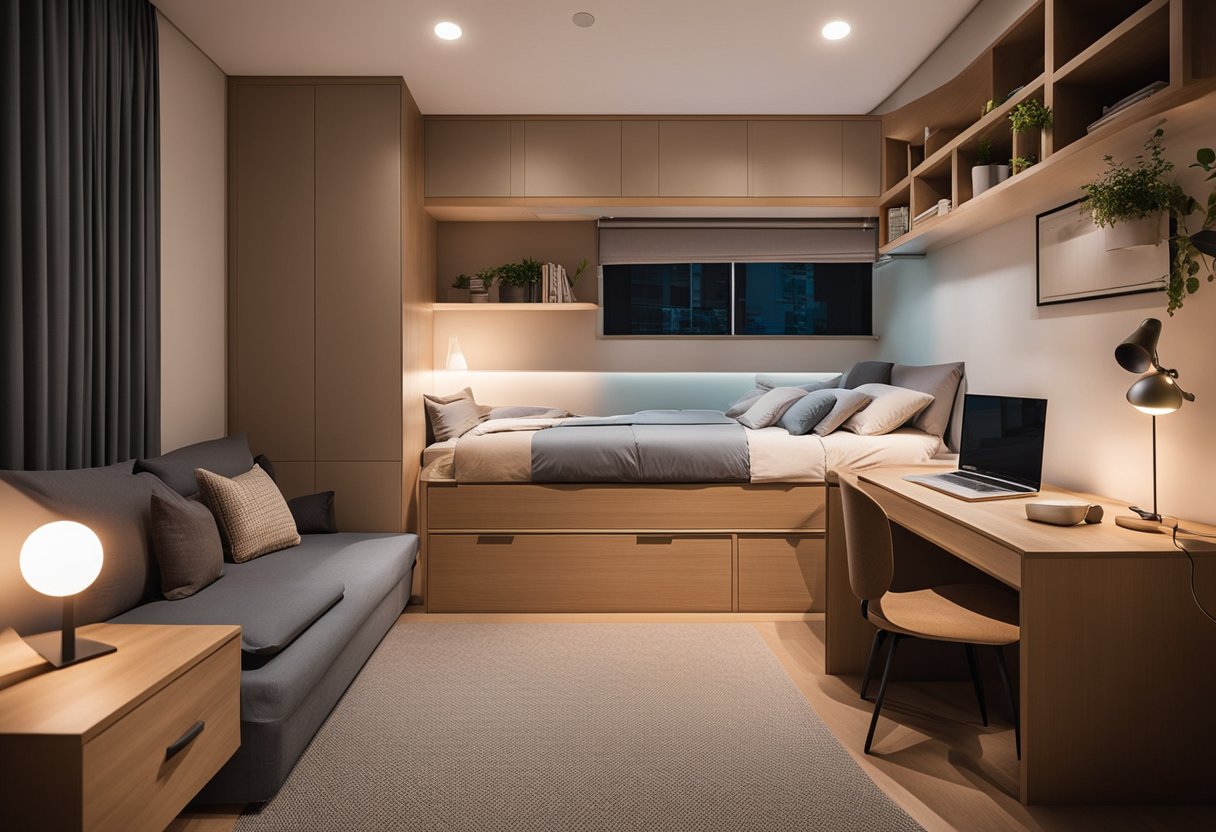 A cozy, functional small bedroom in Singapore, with space-saving furniture and clever storage solutions. Warm lighting and a minimalist color scheme create a relaxing atmosphere