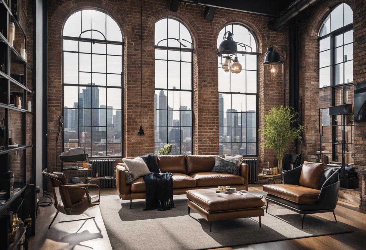 An industrial-style living room with exposed brick walls, metal piping, and large windows overlooking a city skyline. Industrial-style furniture and lighting fixtures complete the modern, urban aesthetic