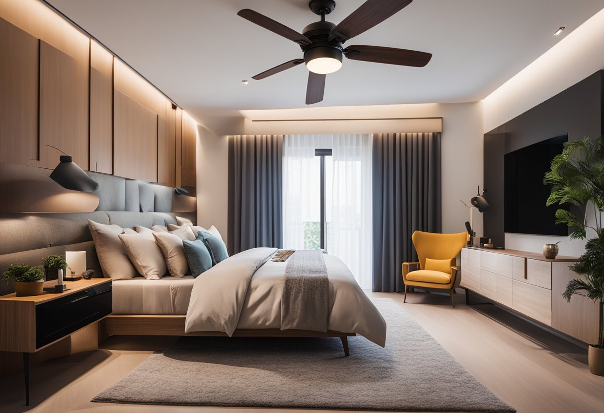 A bedroom with a modern ceiling fan, neatly arranged furniture, and a cozy atmosphere