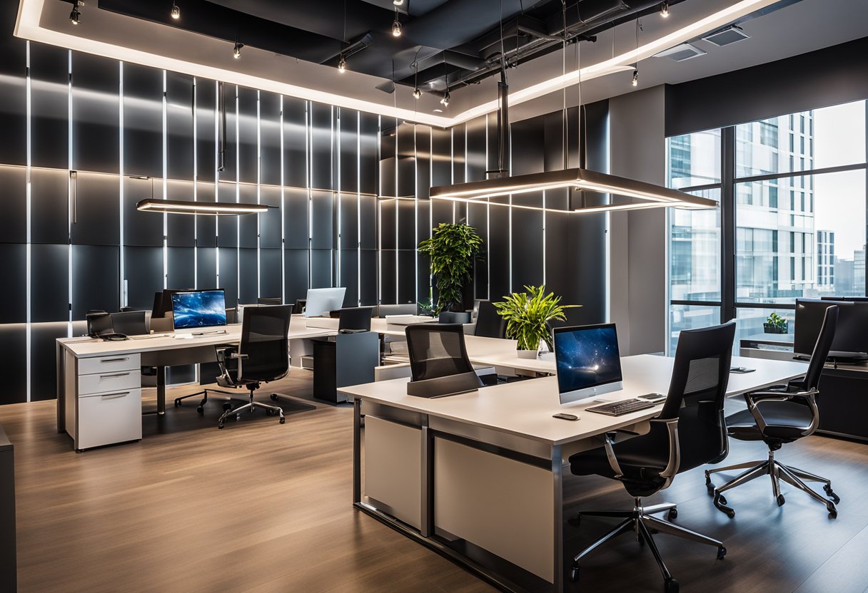 A modern office space with sleek furniture, vibrant colors, and innovative lighting fixtures, showcasing the creativity and sophistication of international interior design firms