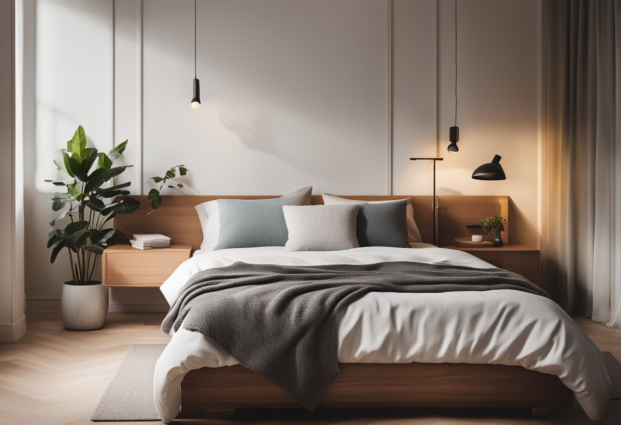 A cozy bed with soft pillows, a sleek wooden bedside table, and a minimalist desk with a comfortable chair. Light streaming in from the window, creating a warm and inviting atmosphere