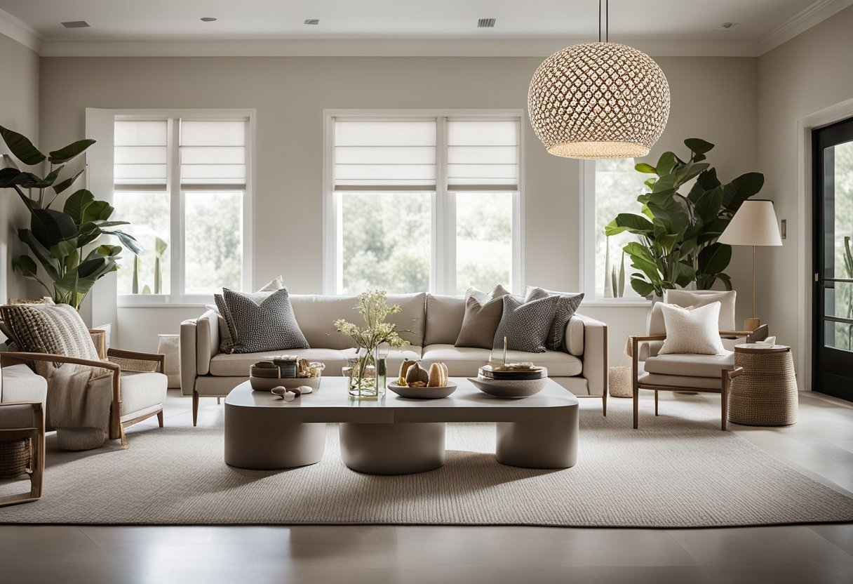 A modern living room with clean lines, neutral colors, and pops of bold accents. A large, statement light fixture hangs from the ceiling, casting a warm glow over the minimalist furniture and geometric patterns