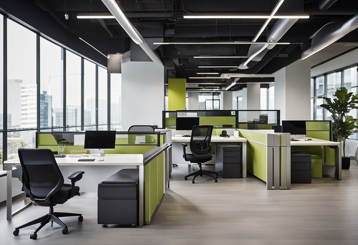 The modern office features sleek furniture, open spaces, and natural light. The color scheme is neutral with pops of bold accent colors. Glass partitions and high-tech equipment complete the contemporary look