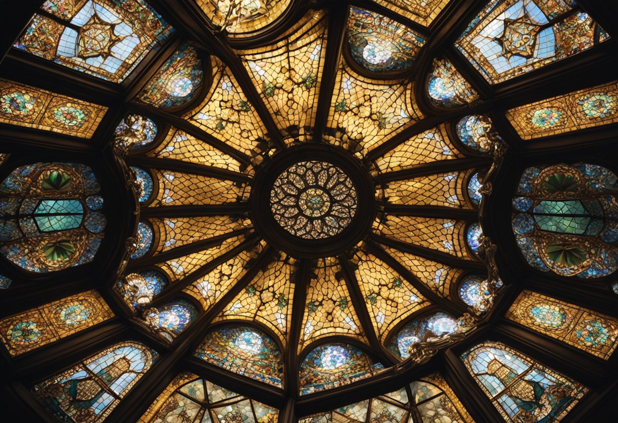 A vaulted ceiling with intricate geometric patterns, adorned with hanging chandeliers and illuminated by natural light pouring in through stained glass windows