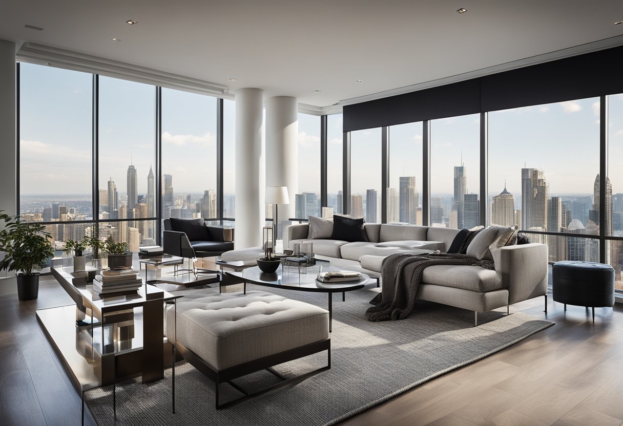 A modern 2-bedroom condo with open floor plan, sleek furniture, and large windows overlooking a city skyline
