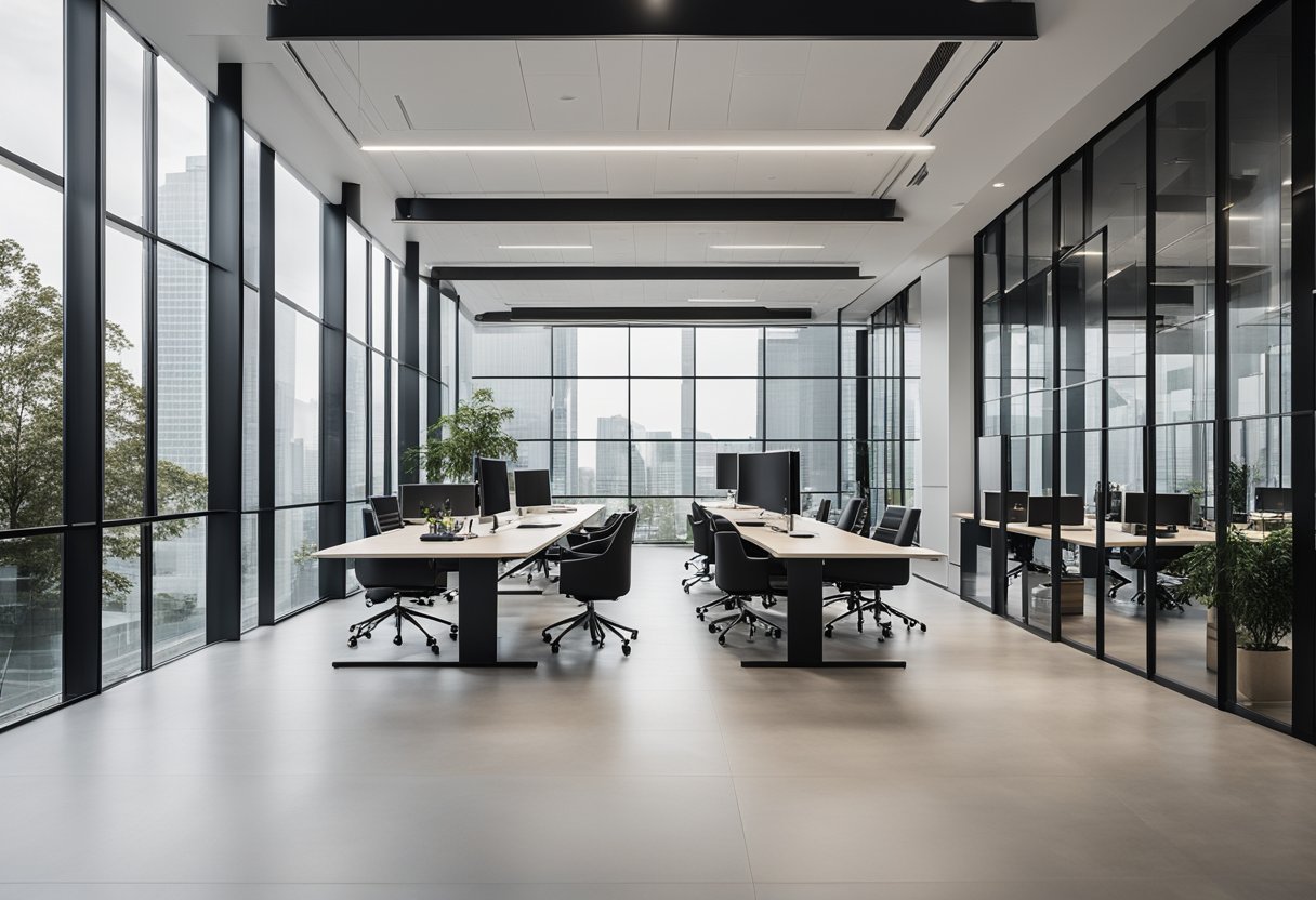 A sleek, modern office space with high ceilings and floor-to-ceiling windows, featuring minimalist furniture and a neutral color palette