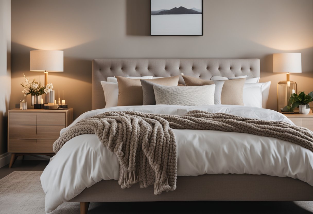 A cozy bedroom with neutral colors, soft lighting, and minimal furniture. A large bed with fluffy pillows and a warm throw blanket. A small bedside table with a lamp and a few simple decorations
