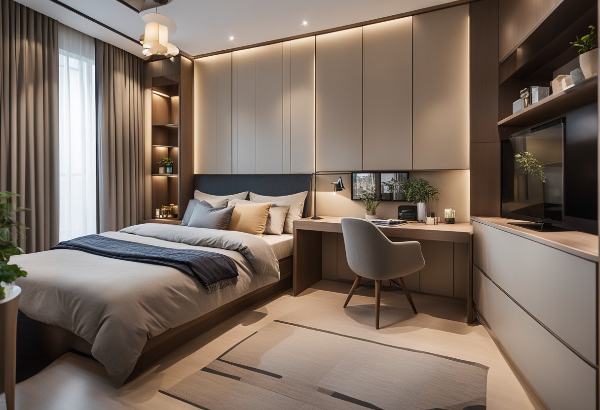 A cozy HDB master bedroom with minimalist decor and ample storage, featuring a neutral color palette and soft lighting