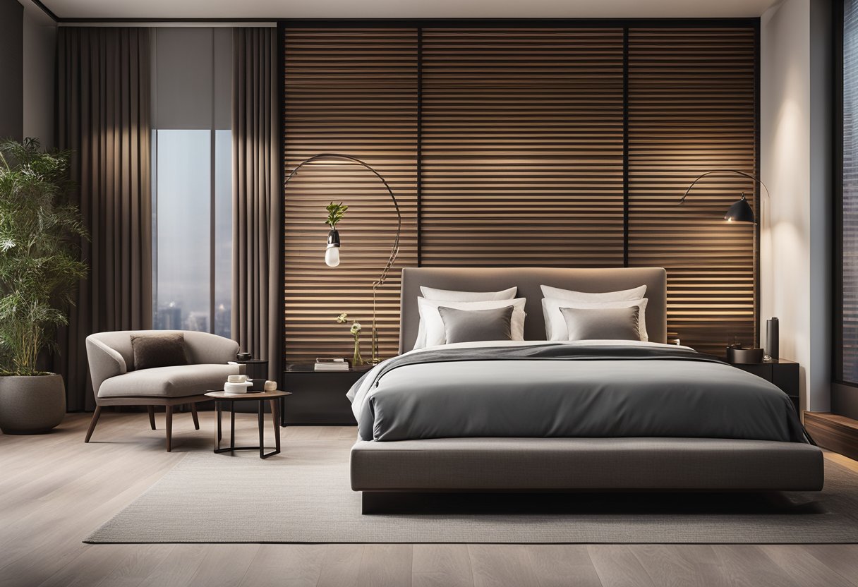 A sleek, modern master bedroom with a minimalist design, featuring a large platform bed, floor-to-ceiling windows, and a cozy reading nook with a plush armchair and a small side table