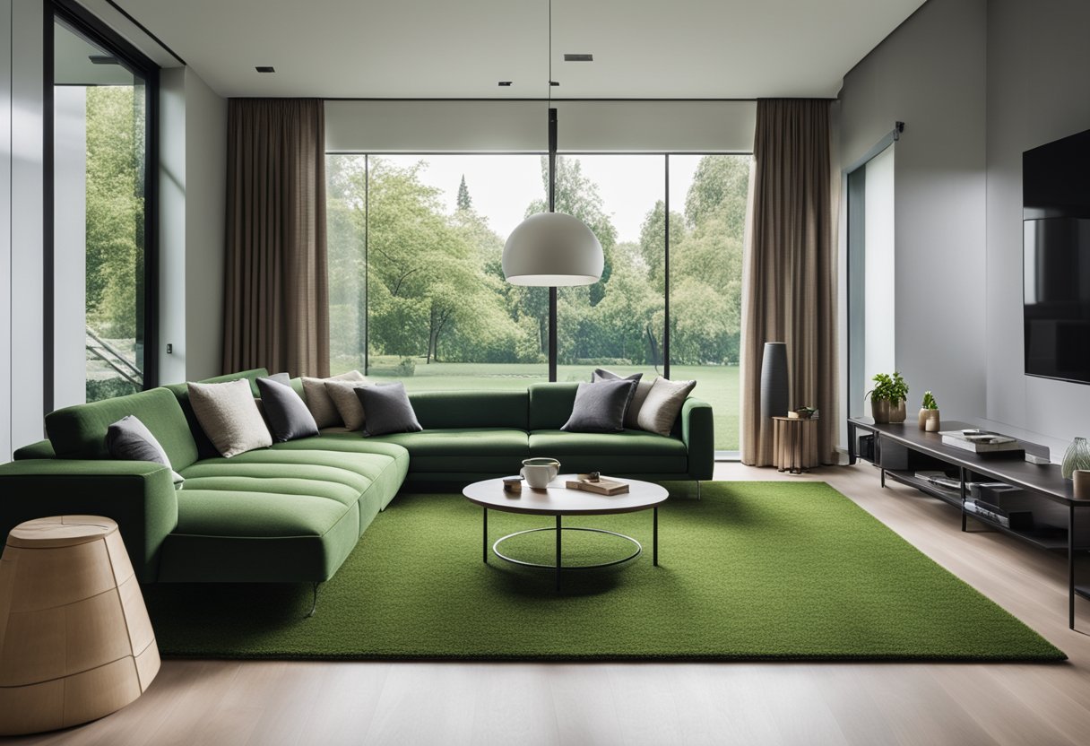 A modern living room with artificial grass flooring, sleek furniture, and large windows letting in natural light