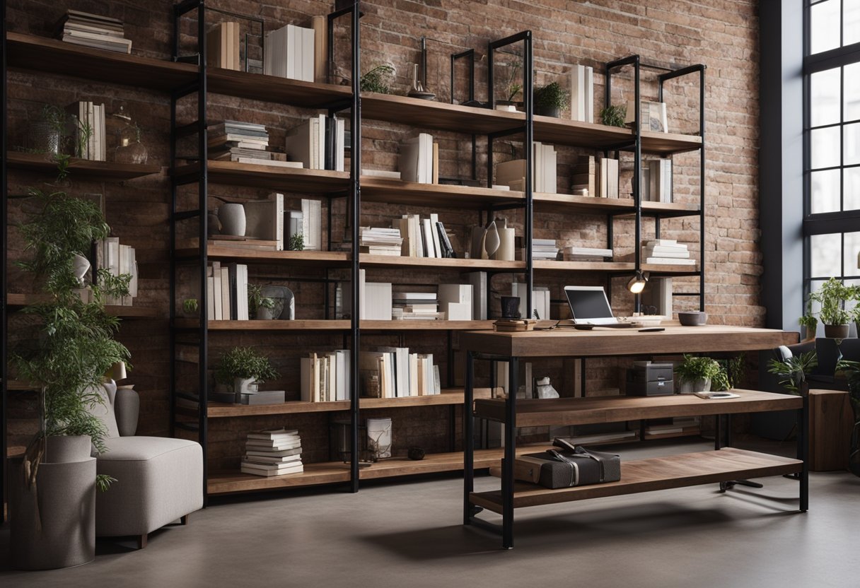 A modern industrial home interior with exposed brick walls, metal accents, and minimalistic furniture. A large bookshelf filled with design books and a cozy reading nook
