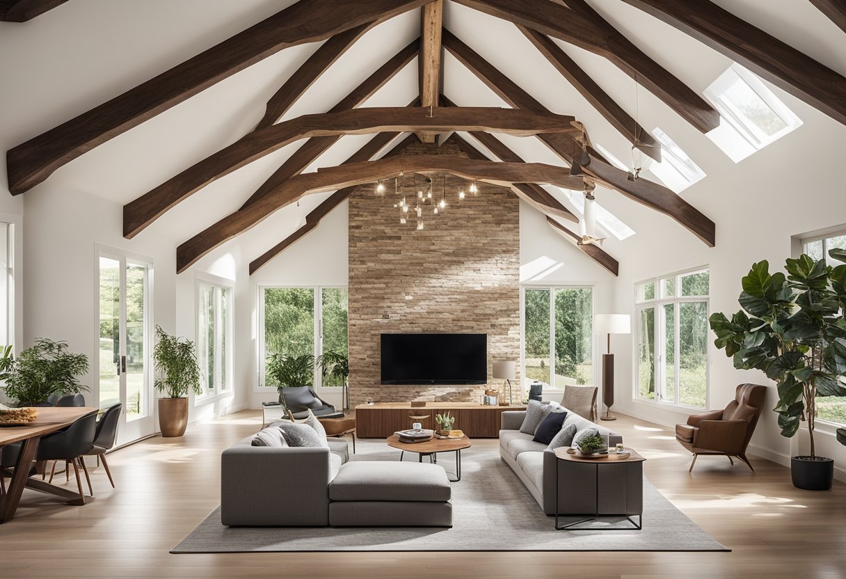 A spacious living room with a vaulted wooden ceiling and exposed beams, illuminated by natural light filtering in through skylights