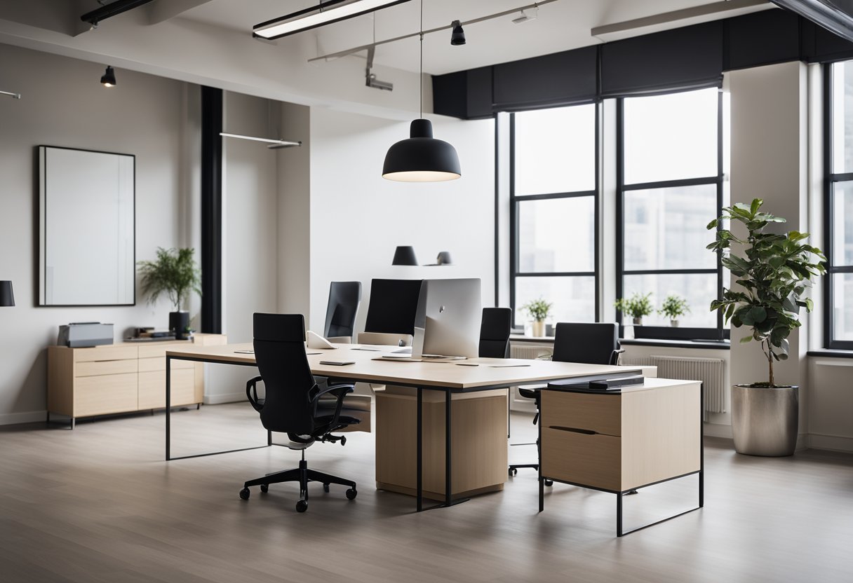 A sleek, minimalist office space with clean lines, open floor plan, and ample natural light. Sleek furniture, neutral color palette, and modern artwork adorn the walls