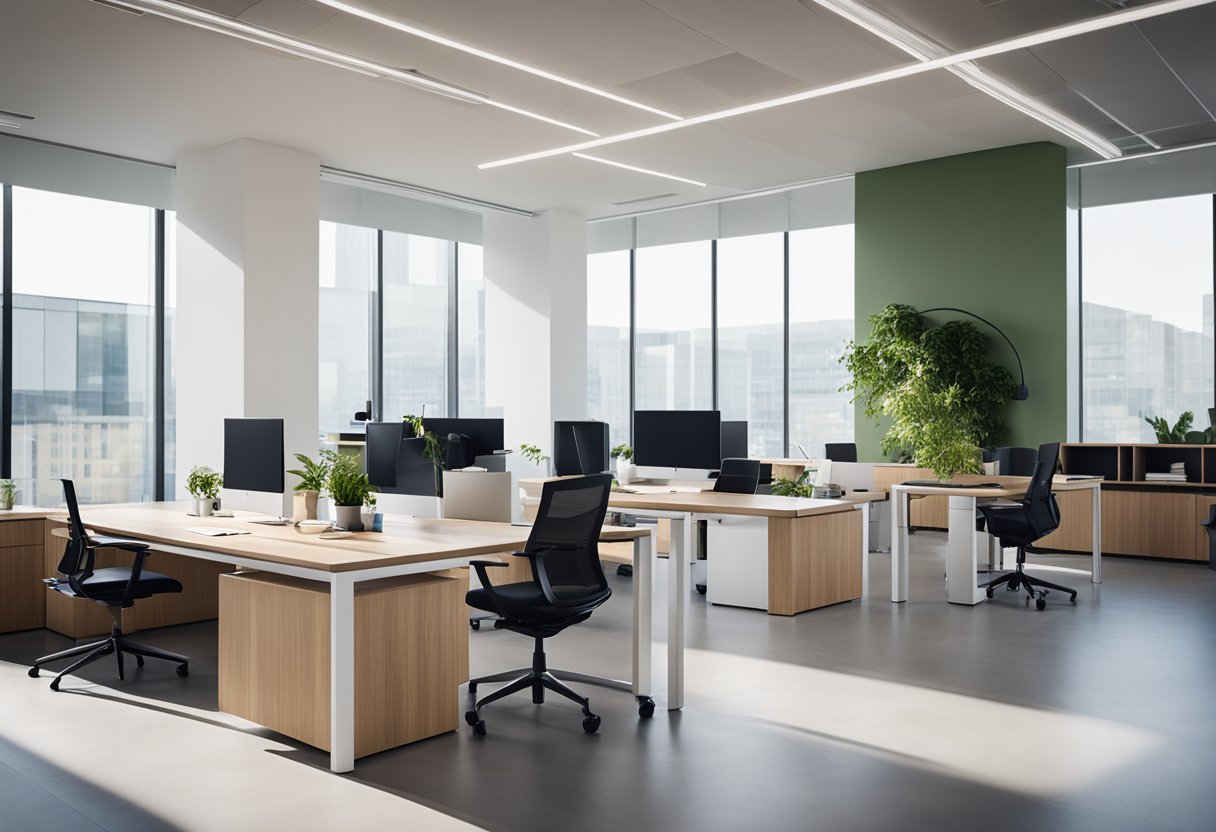 A modern, eco-friendly office space with sleek, minimalist furniture and abundant natural light. Sustainable materials and energy-efficient design elements are seamlessly integrated throughout the space
