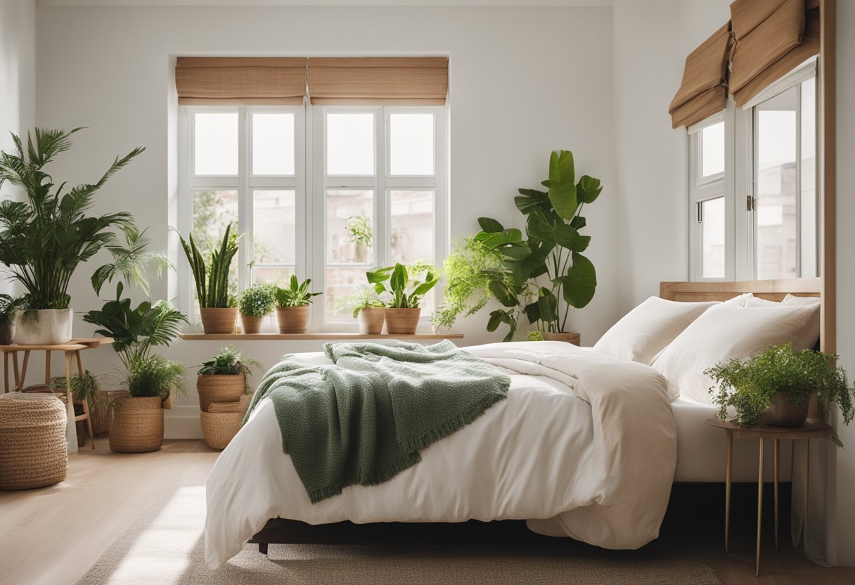 A bright bedroom with fresh paint, new furniture, and cozy bedding. A large window lets in natural light, and potted plants add a touch of greenery