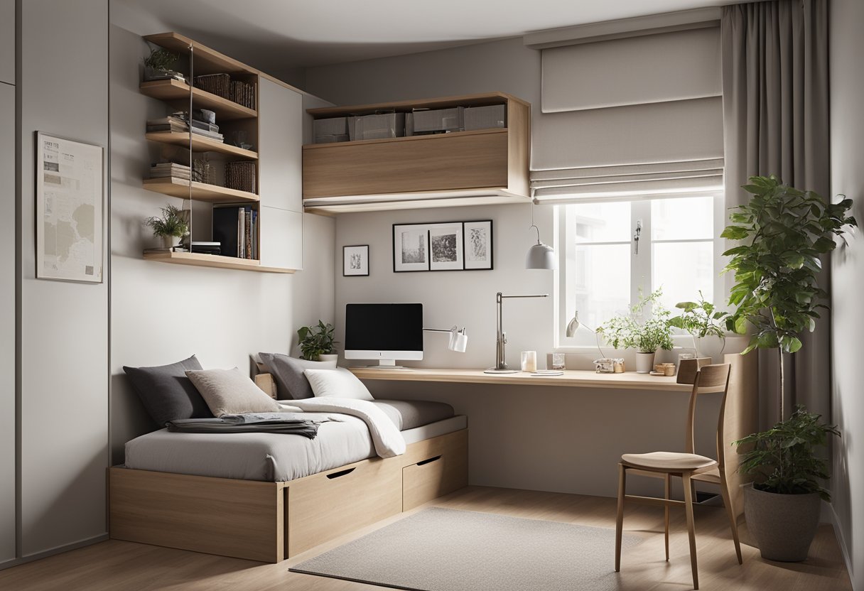 A small bedroom with a loft bed, built-in storage, and a fold-down desk to maximize space. A neutral color palette and minimal furniture create a clean and open feel