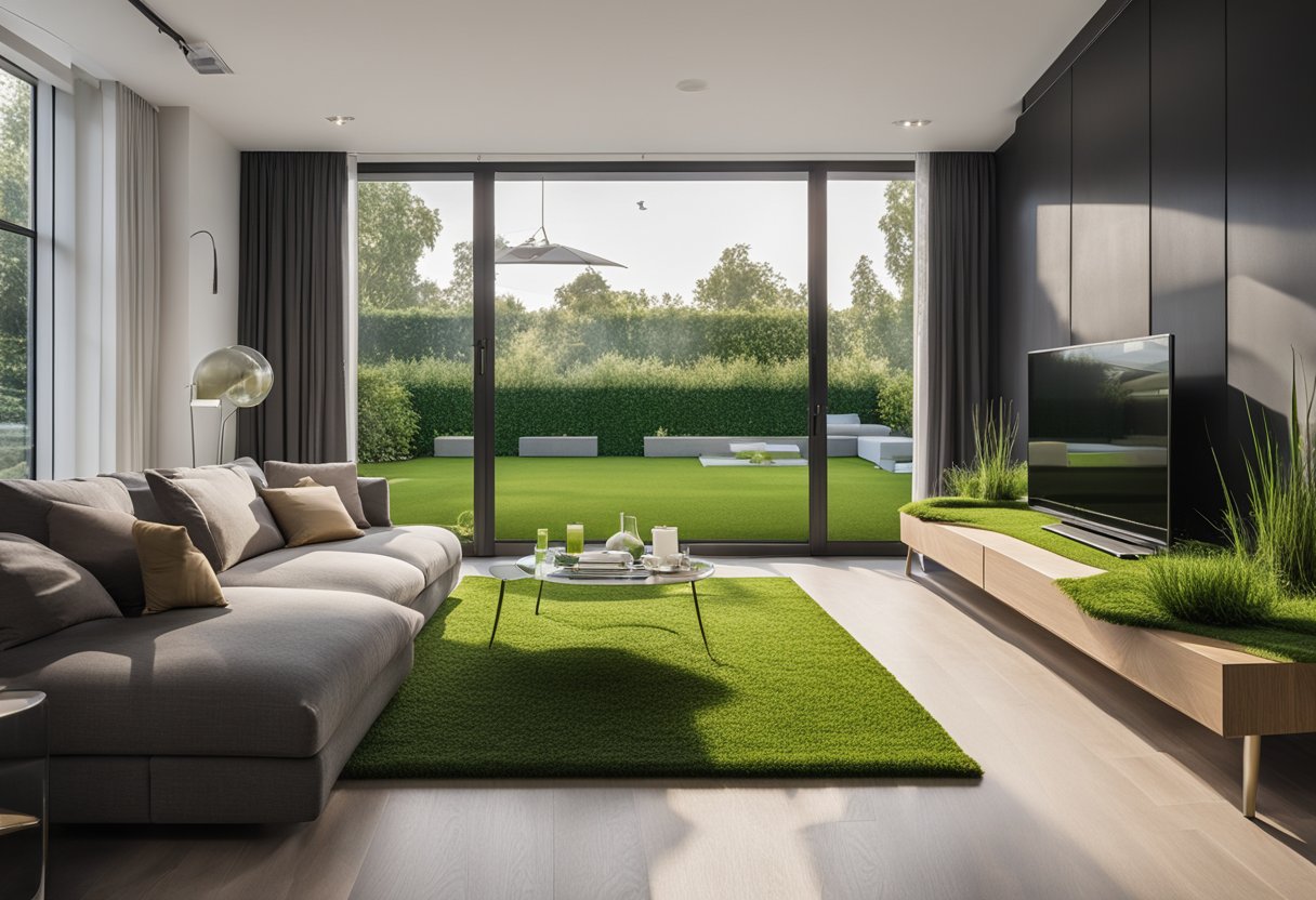 A living room with artificial grass flooring, complemented by modern furniture and vibrant decor. Large windows provide natural light, creating a seamless indoor-outdoor connection