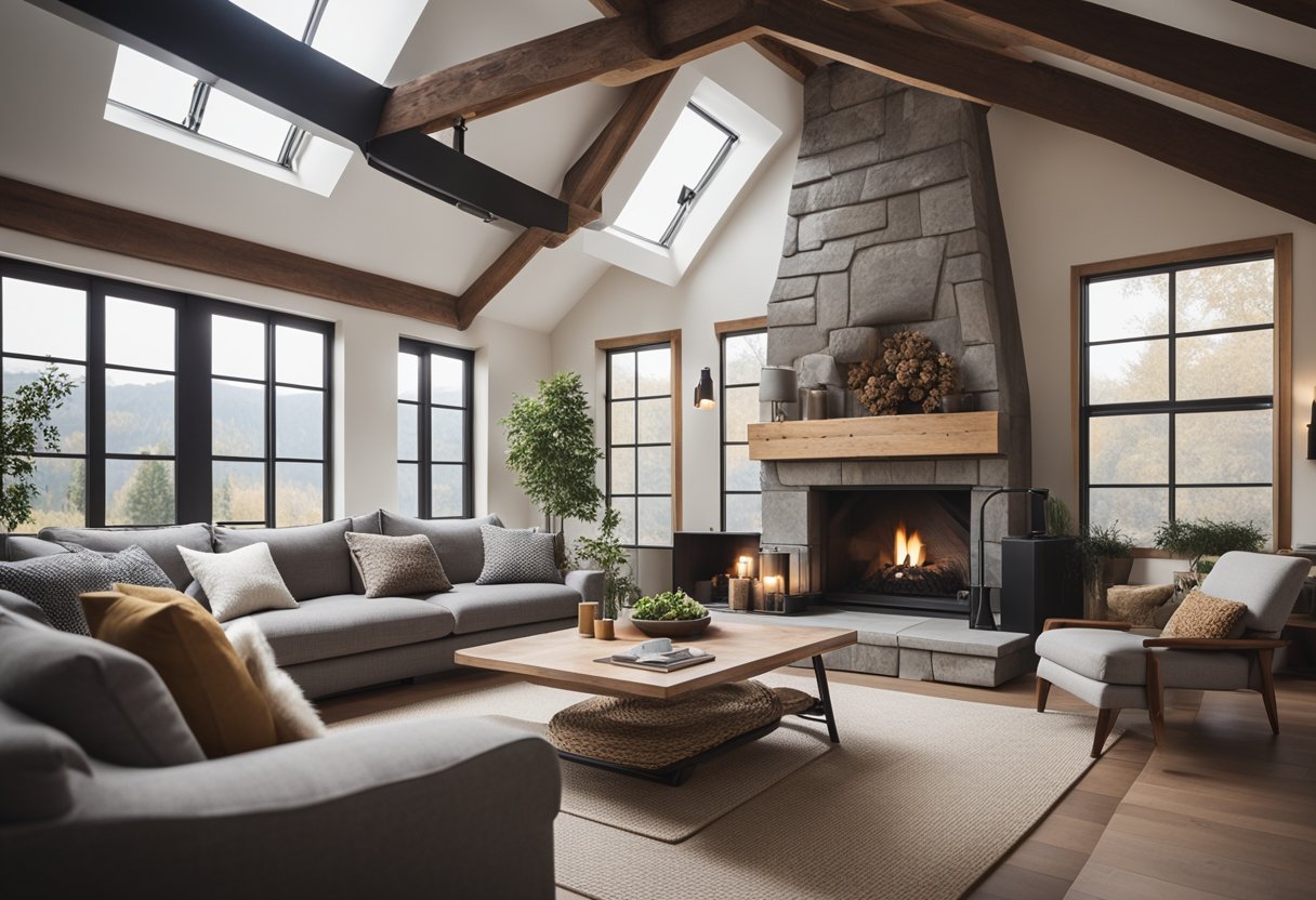 A cozy living room with a vaulted ceiling and exposed wooden beams. Large windows let in natural light, illuminating a comfortable seating area and a stylish fireplace