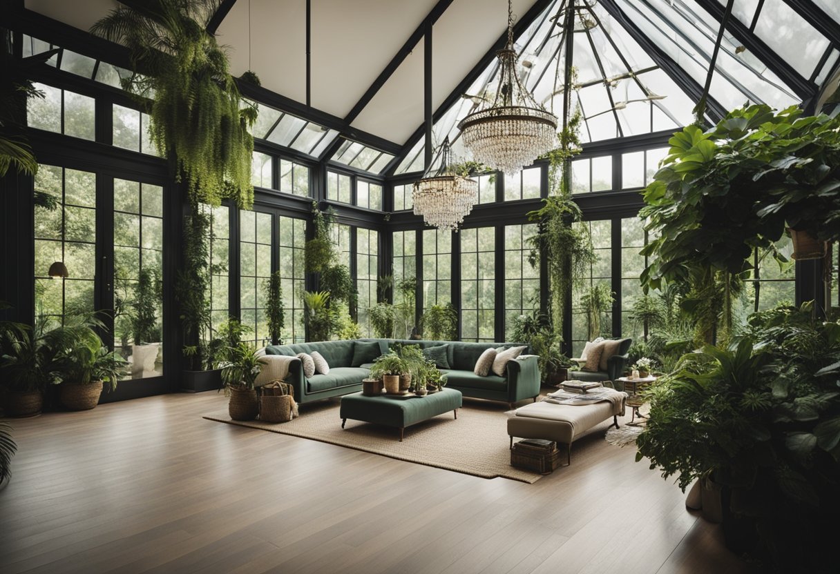 A conservatory with floor-to-ceiling windows, lush green plants, and cozy seating. A hanging chandelier adds a touch of elegance to the space