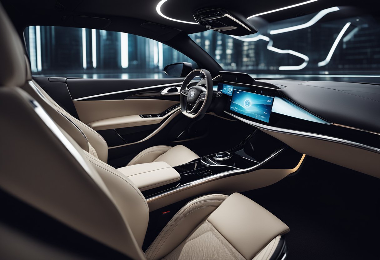 The sleek, futuristic car interior features a minimalist design with ambient lighting and high-tech gadgets