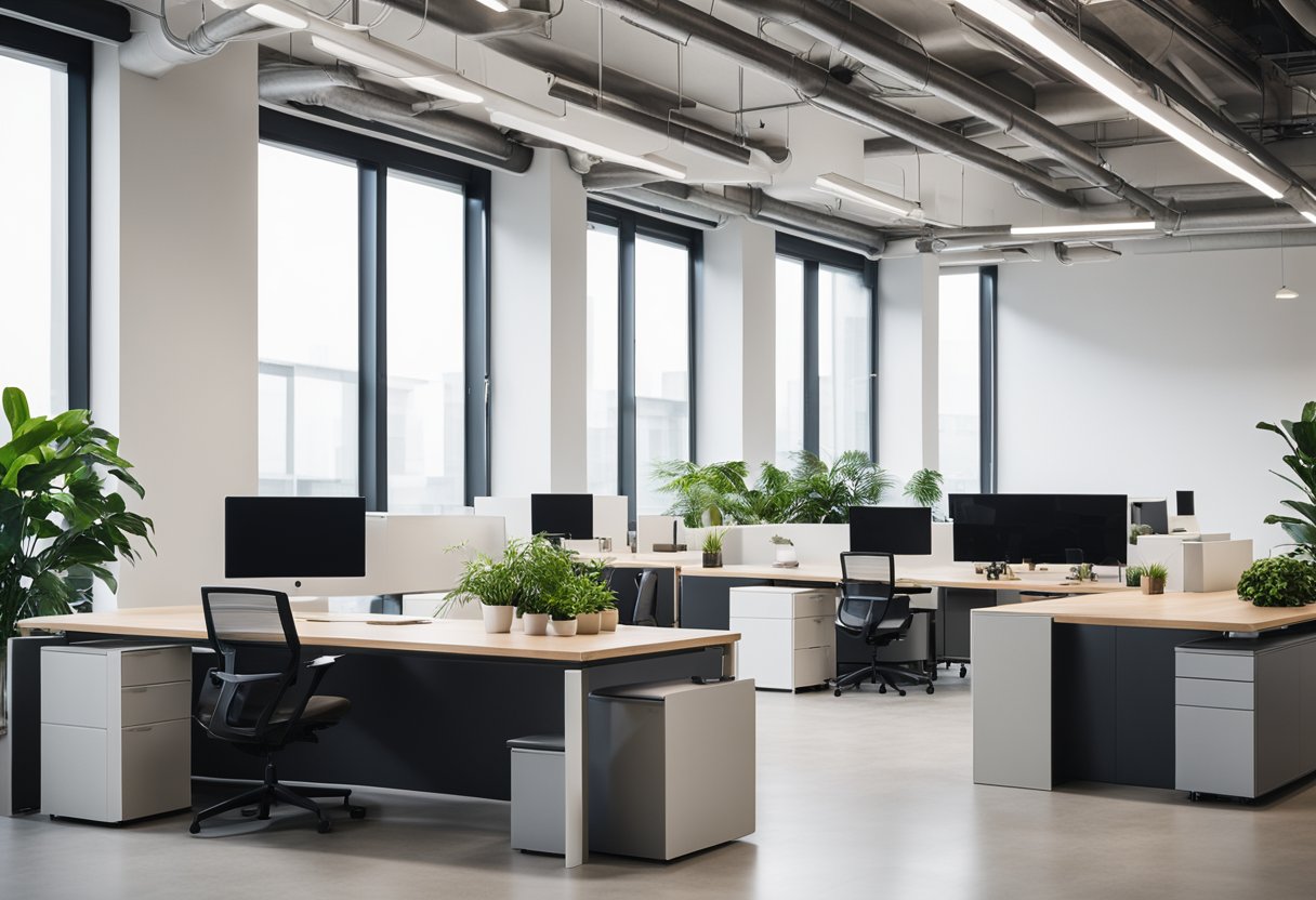 A spacious, well-lit office with minimalist furniture, plants, and large windows. Clean lines, neutral colors, and natural materials create a calming, productive atmosphere