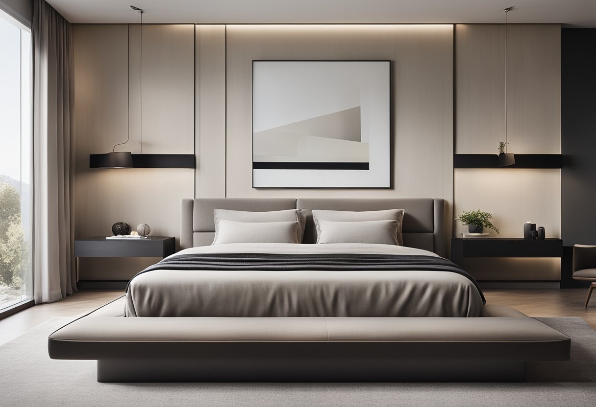 A sleek, modern bedroom with a minimalist design. A large platform bed with clean lines, a neutral color palette, and a statement piece of artwork on the wall