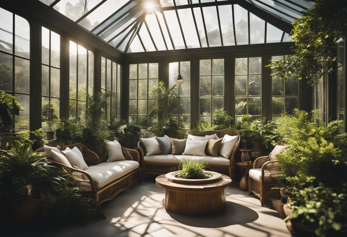 A sunlit conservatory with cozy seating, lush greenery, and a small water feature. The space is filled with natural light and has a serene, tranquil atmosphere