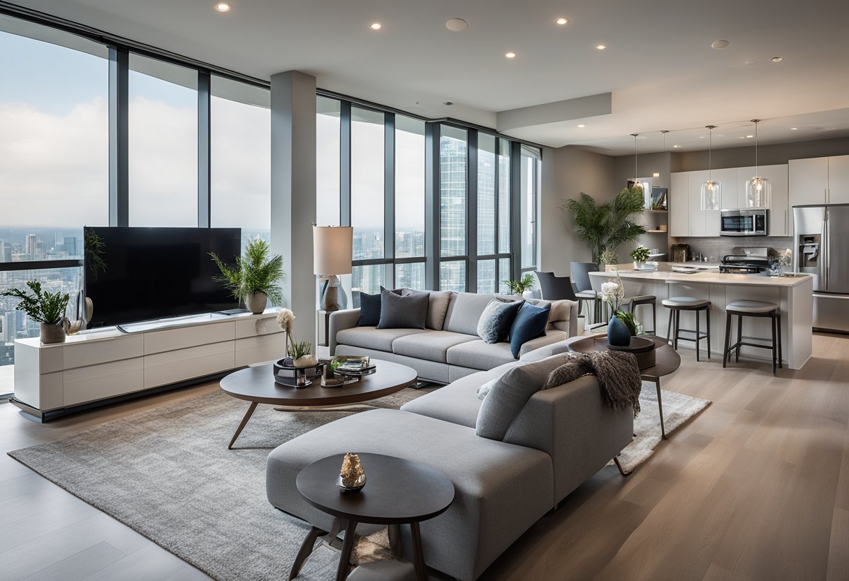 The condo features sleek furniture, modern lighting, and practical storage solutions. The open floor plan creates a seamless flow between the living and dining areas, with large windows offering abundant natural light