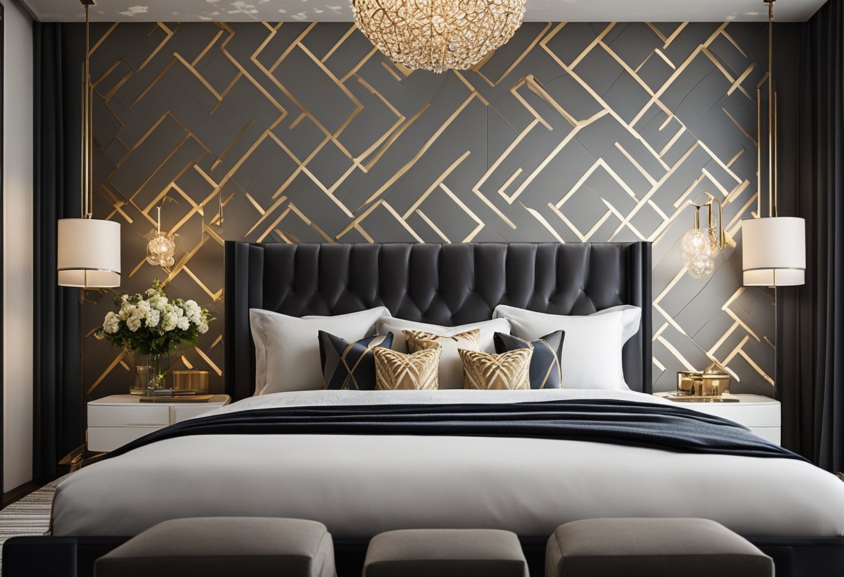 A sleek, modern master bedroom with bold patterns and luxurious textures. A statement headboard and plush bedding create a stylish, inviting atmosphere