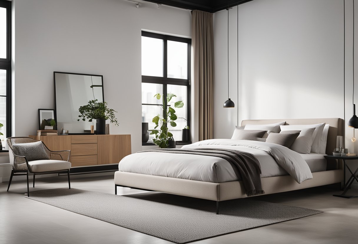 A sleek, modern bedroom with a minimalist aesthetic. A platform bed with clean lines, a neutral color palette, and industrial-inspired decor