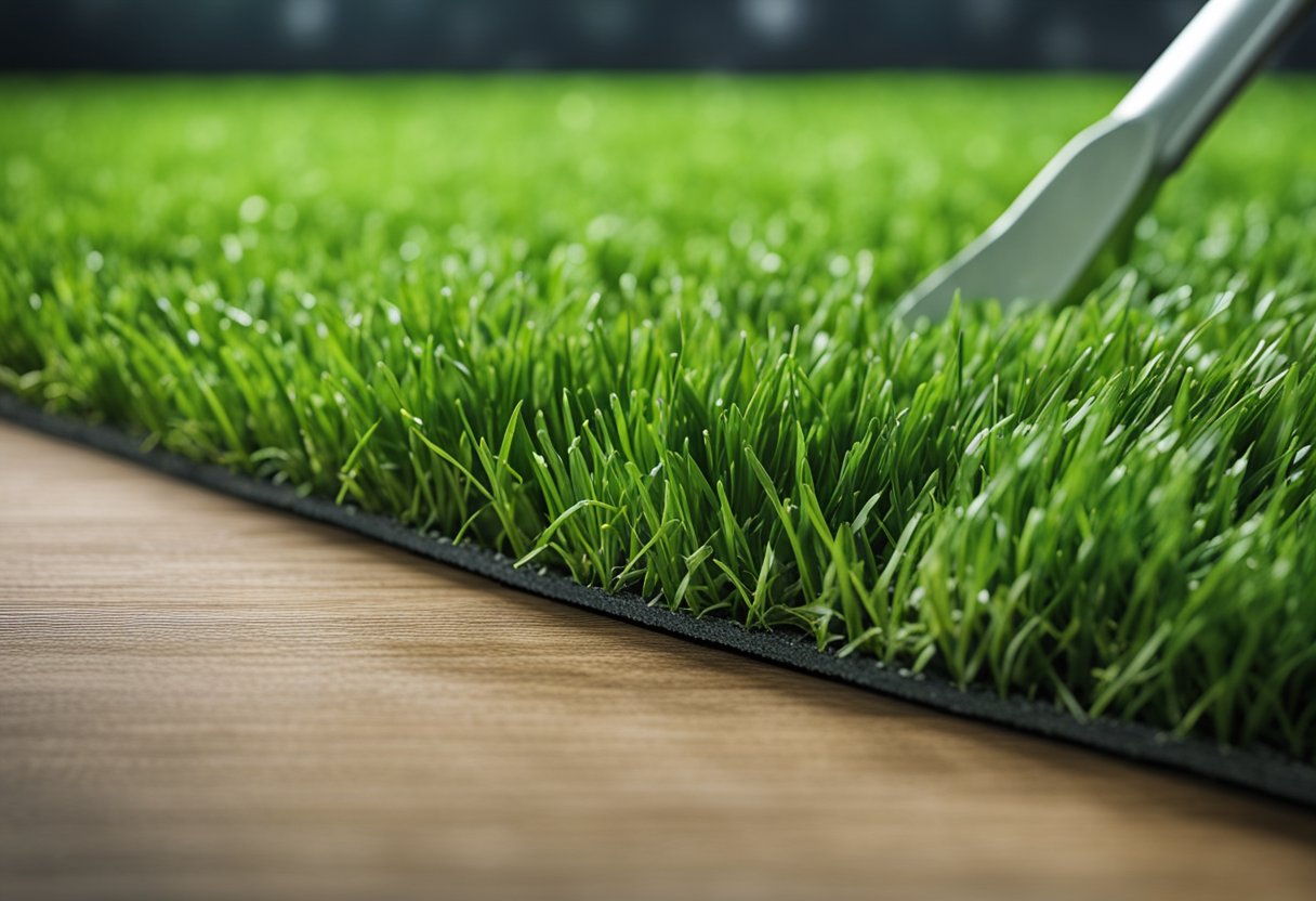 Vibrant green artificial grass seamlessly installed indoors, with meticulous maintenance tools nearby
