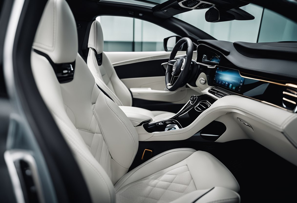 The sleek car interior features cutting-edge materials and cool design elements