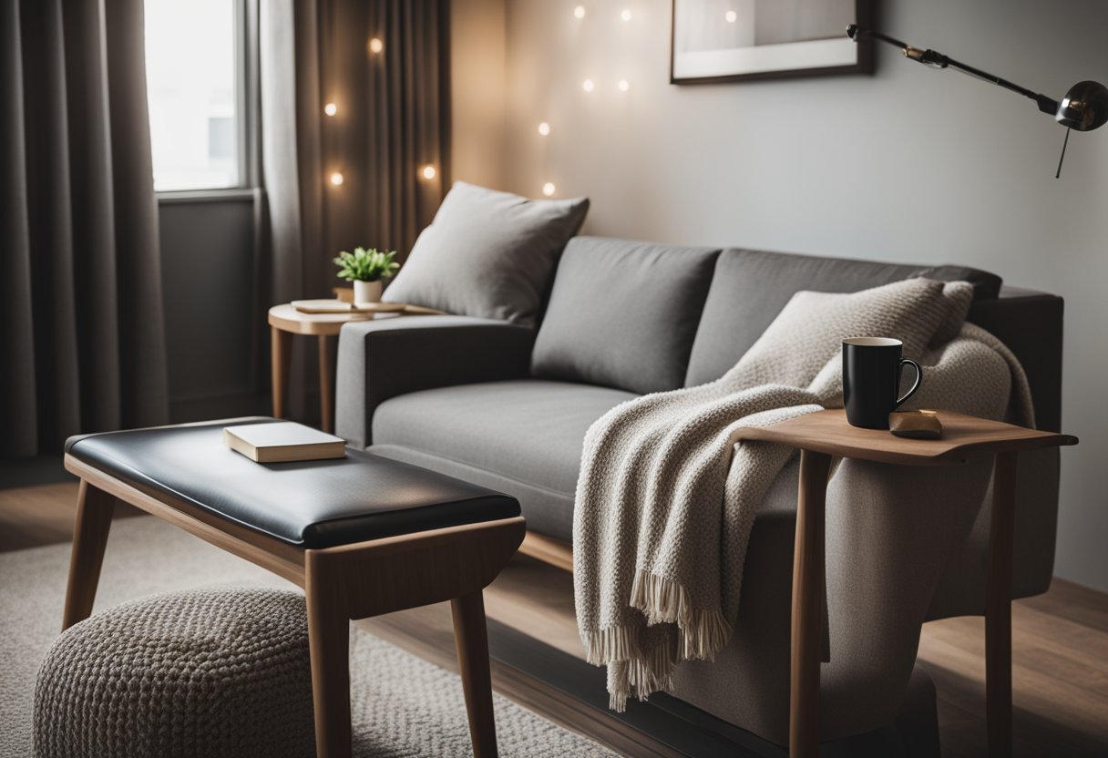 A sleek, modern couch sits against the bedroom wall, adorned with plush pillows and a cozy throw blanket. A small side table holds a reading lamp and a stack of books, creating a cozy reading nook