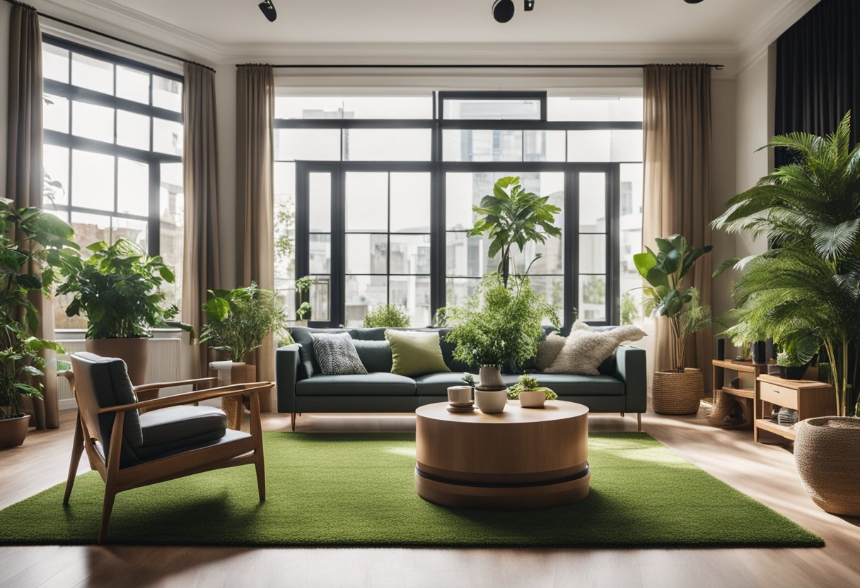 A modern living room with artificial grass flooring, stylish furniture, and potted plants. Bright natural light filters in through large windows, creating a cozy and inviting space