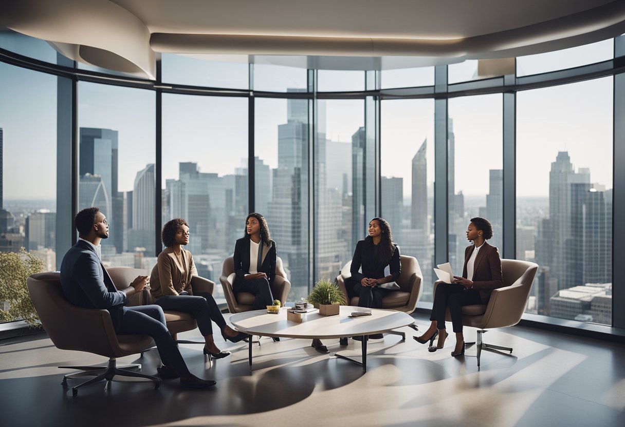 A group of diverse individuals discussing and brainstorming in a modern, open-concept office space with sleek furniture and large windows overlooking a city skyline