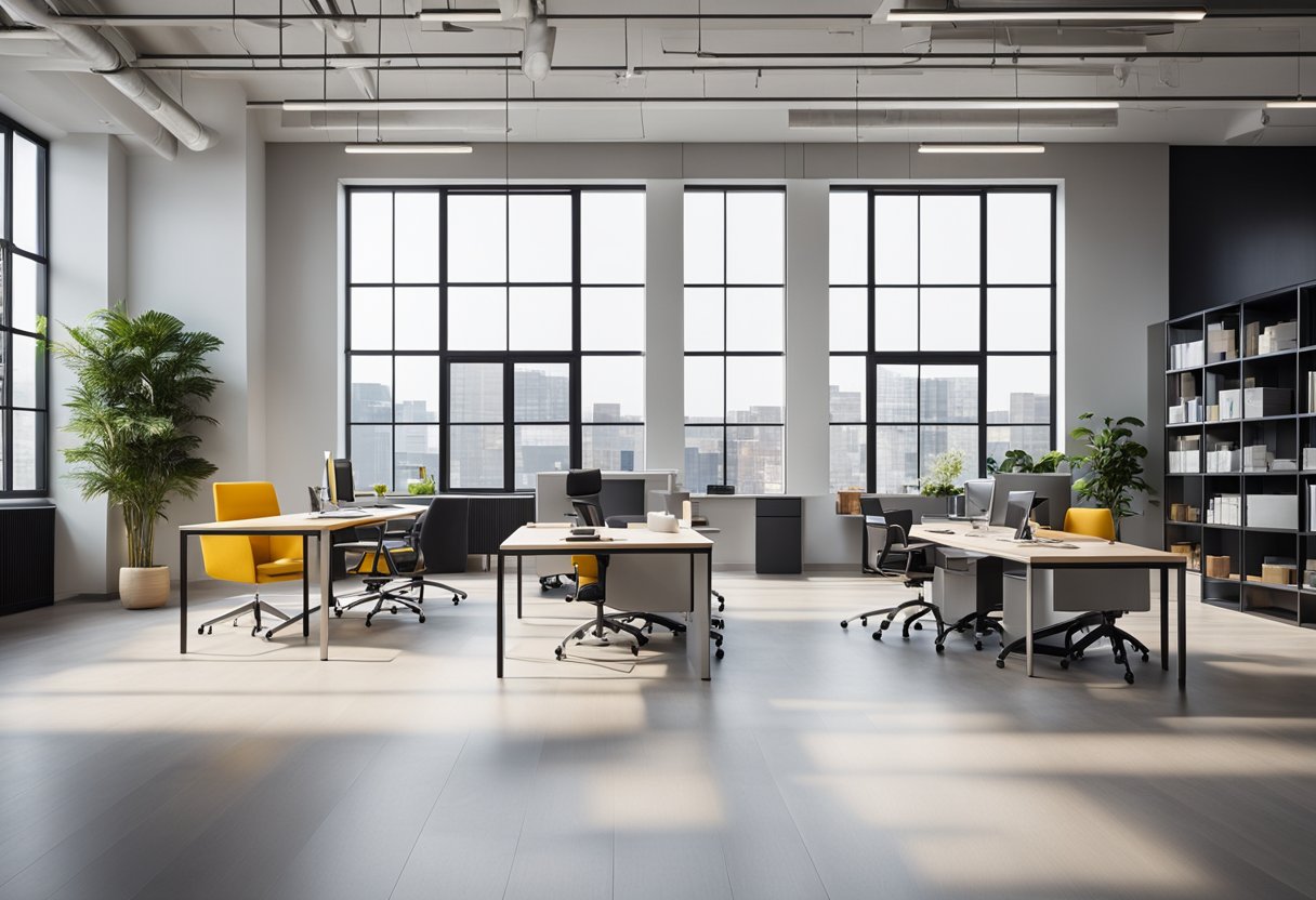 A sleek, open-plan office with minimalist furniture and vibrant accent colors. Large windows flood the space with natural light, creating a bright and inviting atmosphere