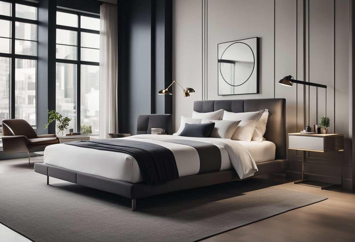 A sleek, modern bed with clean lines and luxurious bedding sits in the center of the room. A minimalist desk and chair create a functional workspace, while a stylish lounge chair and side table provide a cozy reading nook