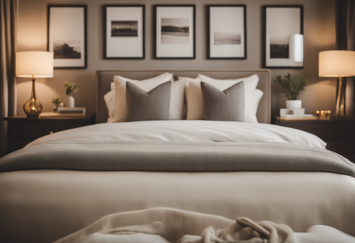 A warm, inviting bedroom with soft, neutral colors, plush bedding, and warm lighting. A small bookshelf and a few decorative accents add a touch of personal style