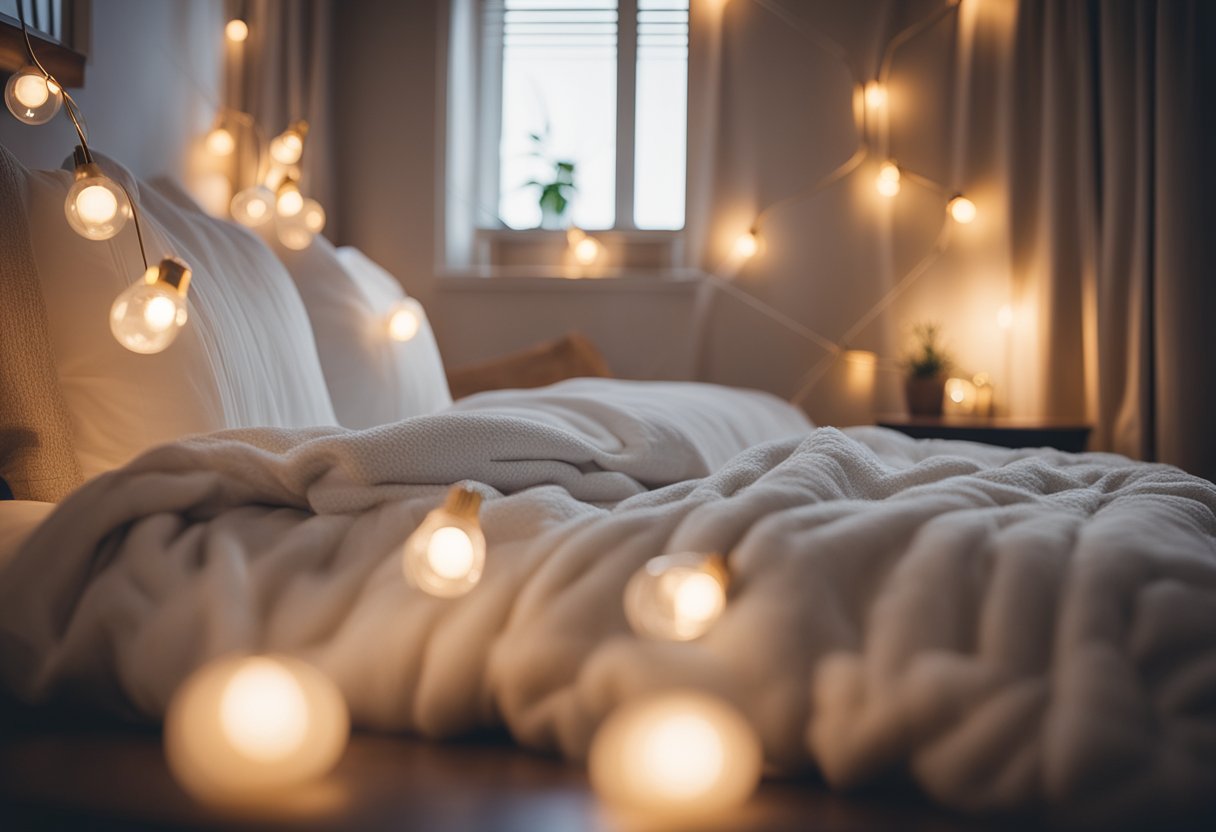Soft lighting illuminates a cozy bedroom with warm tones and plush textiles, creating a serene and inviting atmosphere for relaxation and rejuvenation